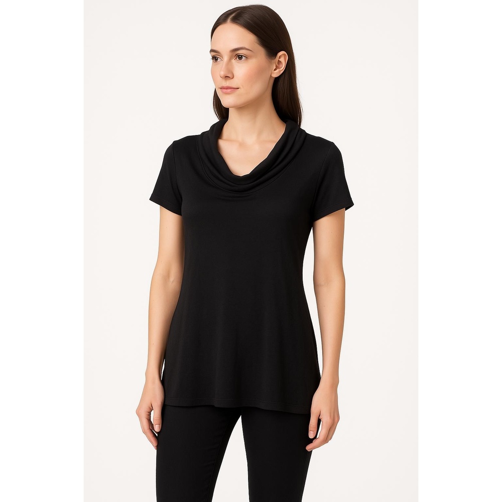 Vintage‎ Suzie Black Womens Cowl Neck Tunic Blouse Short Sleeves Small